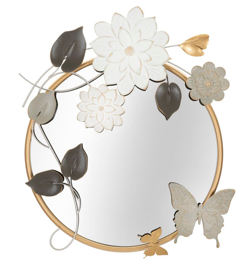 specchio tondo design cornice in metallo dorato fiori e foglie in metallo e legno lavorato