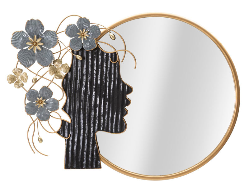 specchio da parete ingresso cornice in metallo dorato sagoma di profilo di donna con fiori