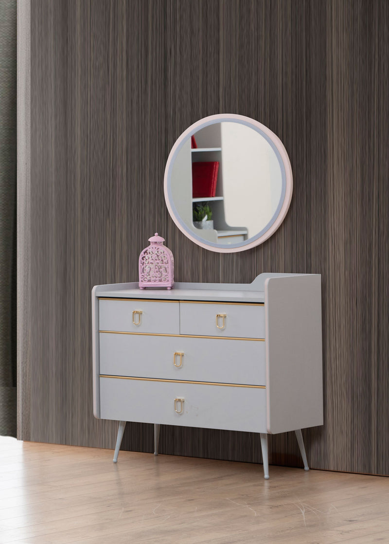 Specchio da camera tondo con cornice in legno grigio e rosa cm 62x2x62h