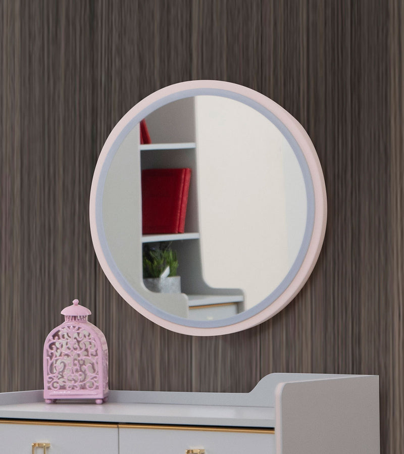 specchio tondo da camera cornice in legno rosa e grigio