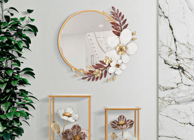 Specchio rotondo da muro in metallo dorato con fiori rosso e bianco cm 75x7x72h