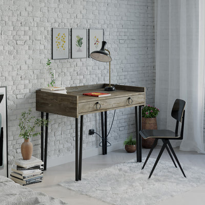 scrivania con cassetto stile industriale in legno rovere vintage gambe in metallo nero