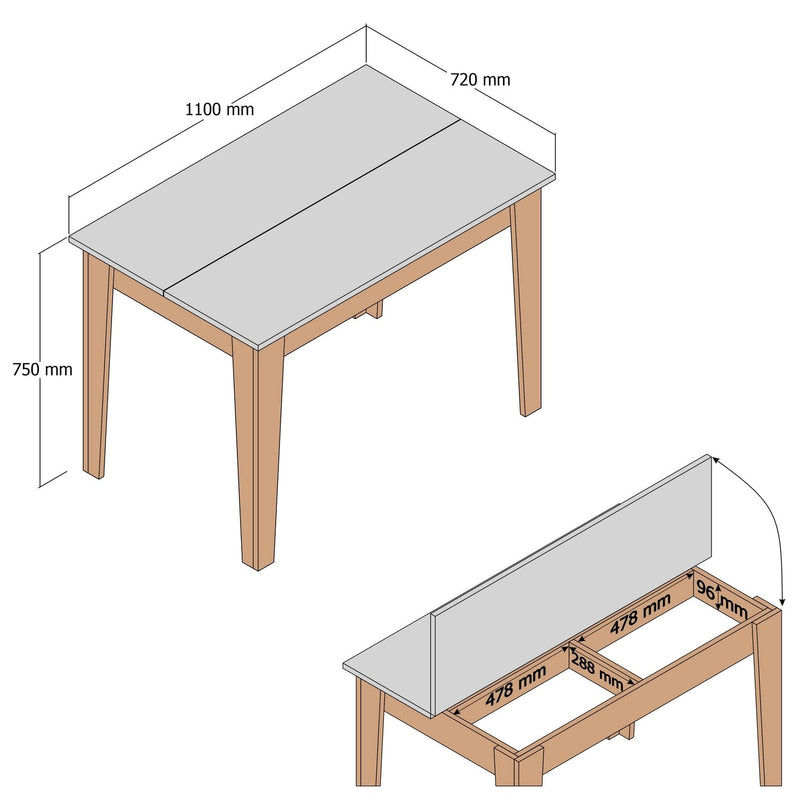 Tavolo da cucina fisso in legno bianco piano apribile colore quercia cm 110x72x75h