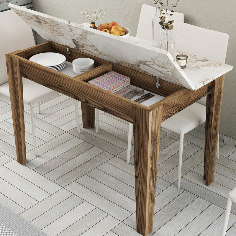 Tavolo fisso da pranzo con top apribile colore noce e marmo bianco cm 110x72x75h