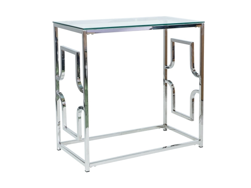 Tavolino alto moderno con struttura cromata e piano in vetro cm 80x40x78