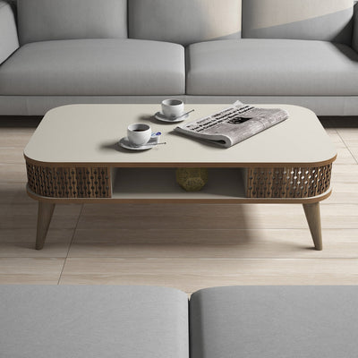 Tavolino da caffè con vano in legno crema decorazioni noce cm 105x60x34h