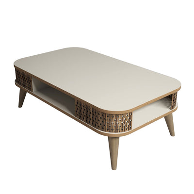 Tavolino da caffè con vano in legno crema decorazioni noce cm 105x60x34h