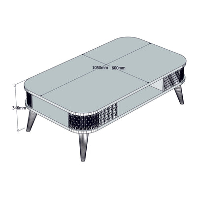 Tavolino da salotto basso in legno quercia con vano angoli decorati cm 105x60x34h