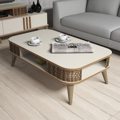 tavolino basso salotto in legno colore crema con decorazione in noce 