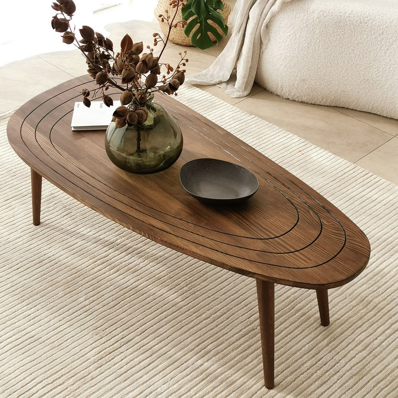 Tavolino salotto basso piano irregolare in legno massello colore noce cm 115x50x38h