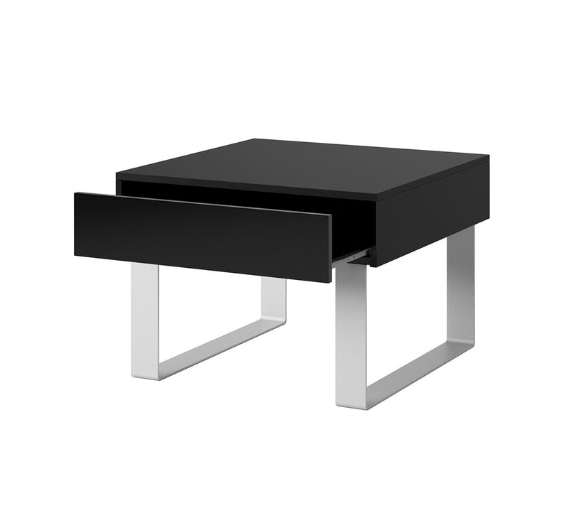 Tavolino quadrato basso con cassetto colore nero e gambe in metallo cm 63x63x45h