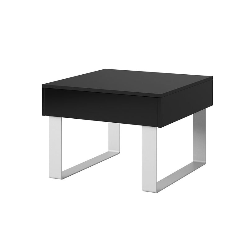 Tavolino quadrato basso con cassetto colore nero e gambe in metallo cm 63x63x45h