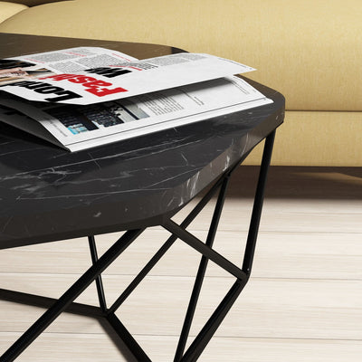 Tavolino basso salotto ottagonale piano marmo nero base in metallo cm 90x90x38h