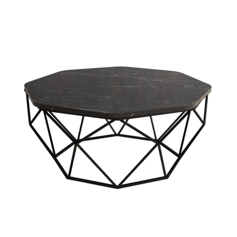 Tavolino basso salotto ottagonale piano marmo nero base in metallo cm 90x90x38h