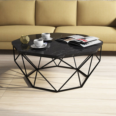 tavolino salotto basso struttura in metallo nero piano ottagonale marmo nero