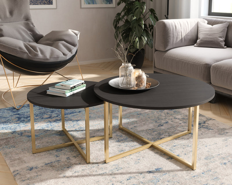 Tavolino salotto rotondo moderno in metallo dorato piano frassino nero cm 80x43h