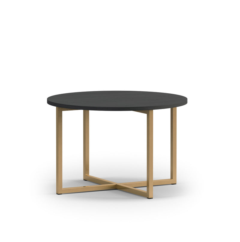 Tavolino rotondo basso da salotto base in metallo dorato piano nero frassino cm 60x39h