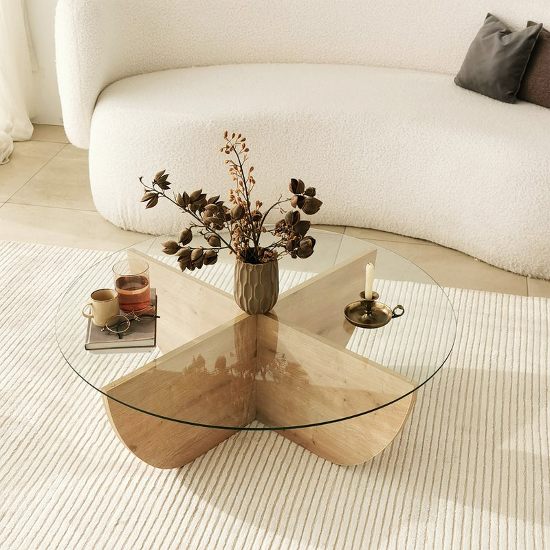 Tavolino da salotto design piano in vetro base incrociata colore quercia cm 90x30h