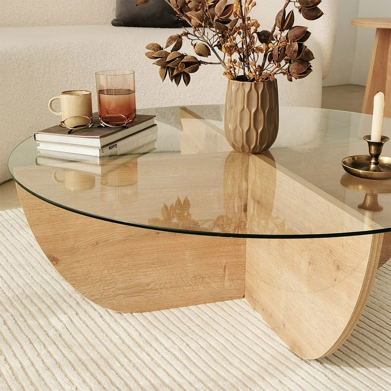 Tavolino da salotto design piano in vetro base incrociata colore quercia cm 90x30h