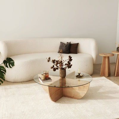 Tavolino da salotto design piano in vetro base incrociata colore quercia cm 90x30h