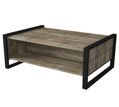 Tavolino basso da fumo porta riviste stile industriale in legno e metallo cm 94x64x38h