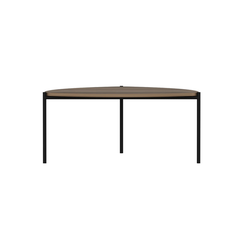 Tavolino da salotto piano triangolare colore noce gambe in metallo cm 89x90x40h