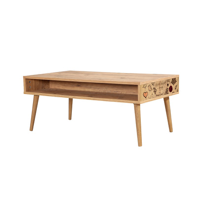 Tavolino da caffè basso portariviste in legno colore naturale e decorato cm 110x60x45h