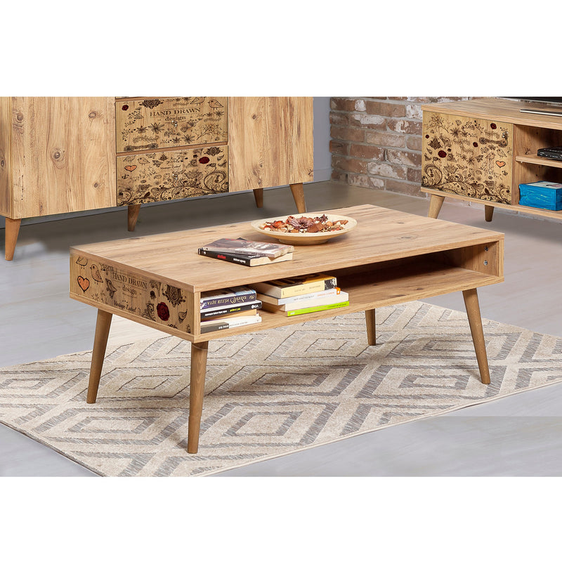 Tavolino da caffè basso portariviste in legno colore naturale e decorato cm 110x60x45h