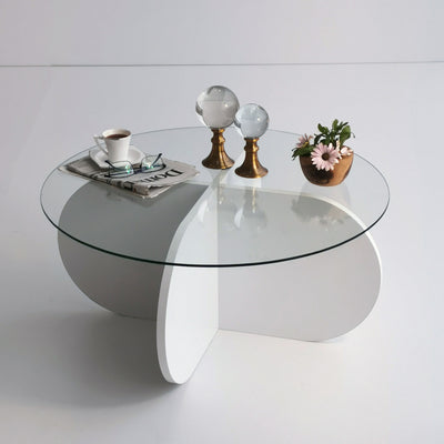 Tavolino da caffè design con ripiano in vetro rotondo e gambe tonde a croce cm 75x75x35h