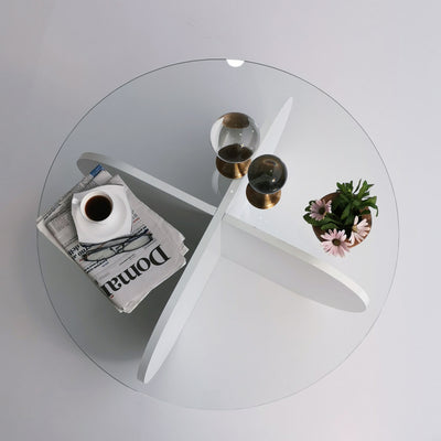 Tavolino da caffè design con ripiano in vetro rotondo e gambe tonde a croce cm 75x75x35h