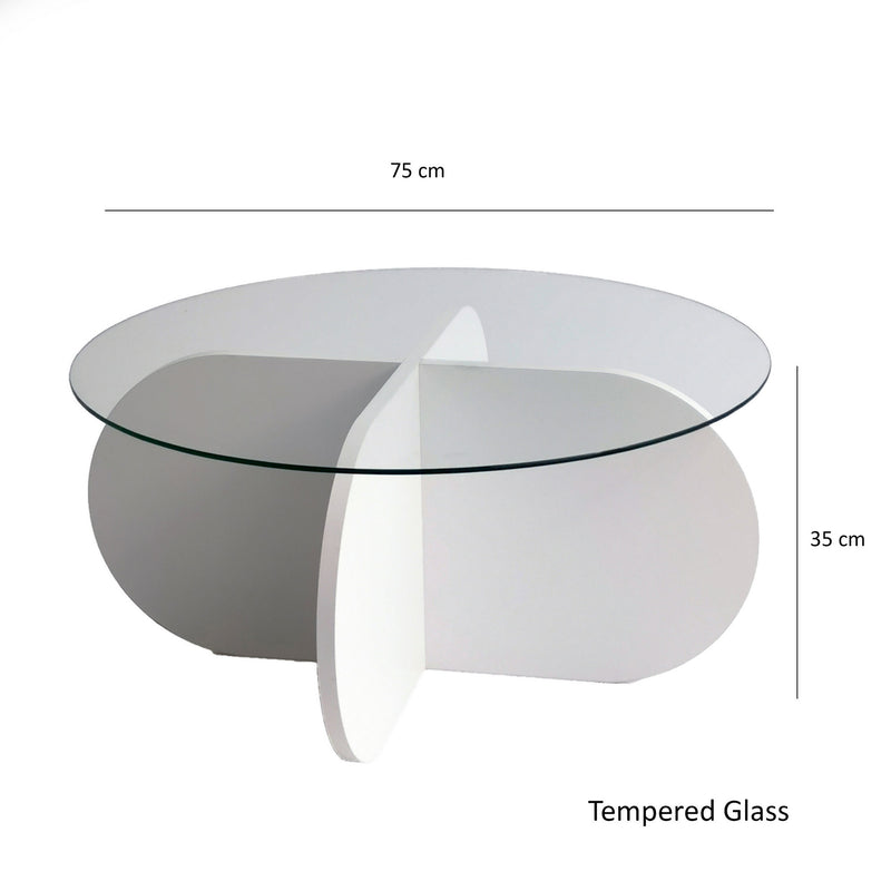 Tavolino da caffè design con ripiano in vetro rotondo e gambe tonde a croce cm 75x75x35h