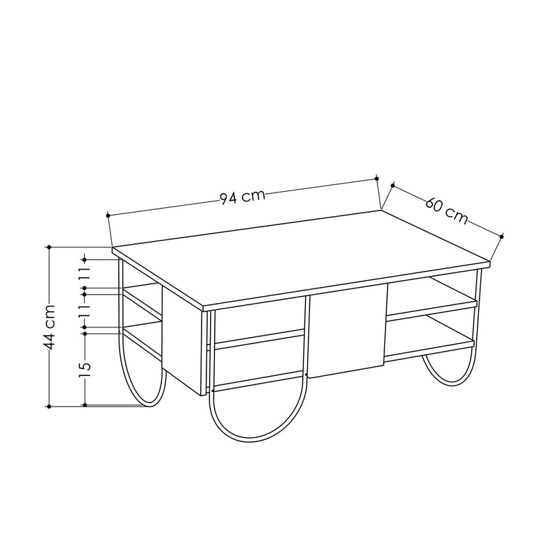 Tavolino basso salotto con 2 ripiani industrial cm 94x60x44h - vari colori
