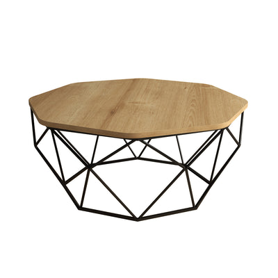 Tavolino grande da salotto base in metallo nero piano ottagonale quercia cm 90x90x38h