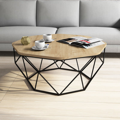 tavolino moderno da caffè base in metallo nero piano ottagonale in legno colore quercia