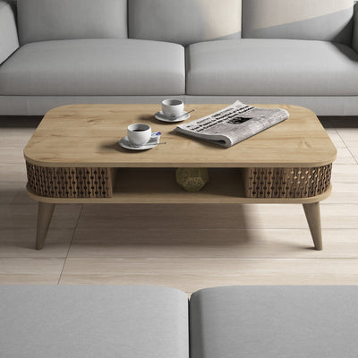Tavolino da salotto basso in legno quercia con vano angoli decorati cm 105x60x34h