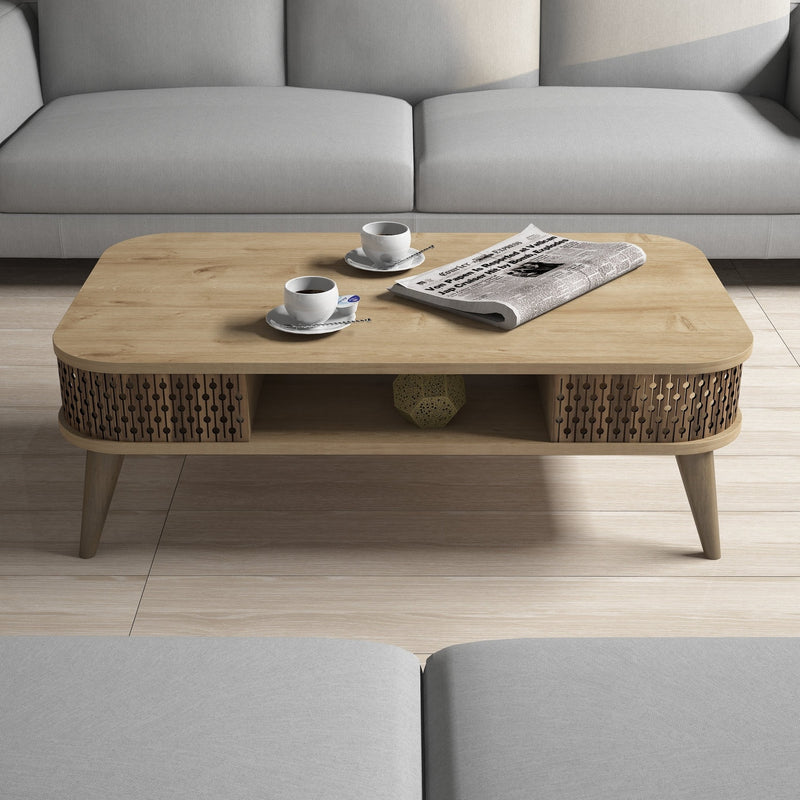 Tavolino da salotto basso in legno quercia con vano angoli decorati cm 105x60x34h