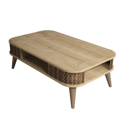 Tavolino da salotto basso in legno quercia con vano angoli decorati cm 105x60x34h