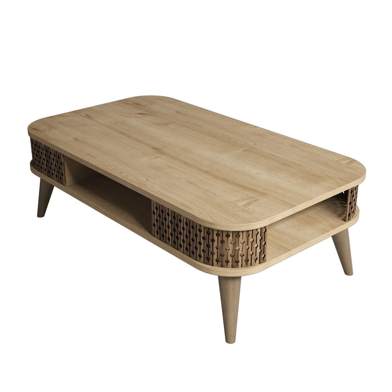 Tavolino da salotto basso in legno quercia con vano angoli decorati cm 105x60x34h