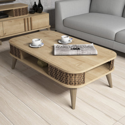 tavolino da caffè basso struttura con vani angoli arrotondati in legno quercia con decorazione a trama forata sui 4 angoli