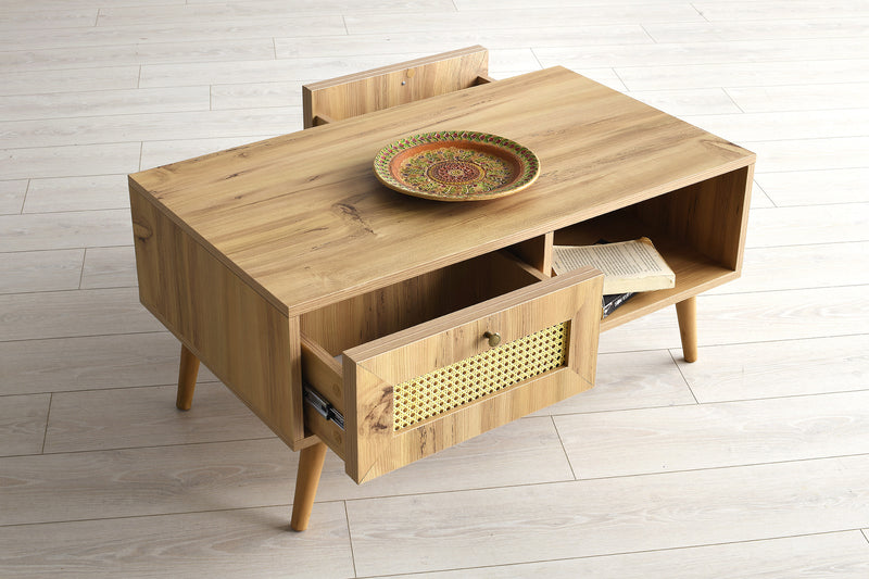 Tavolino da salotto bifacciale con 2 cassetti in legno colore naturale cm 97x55x45h