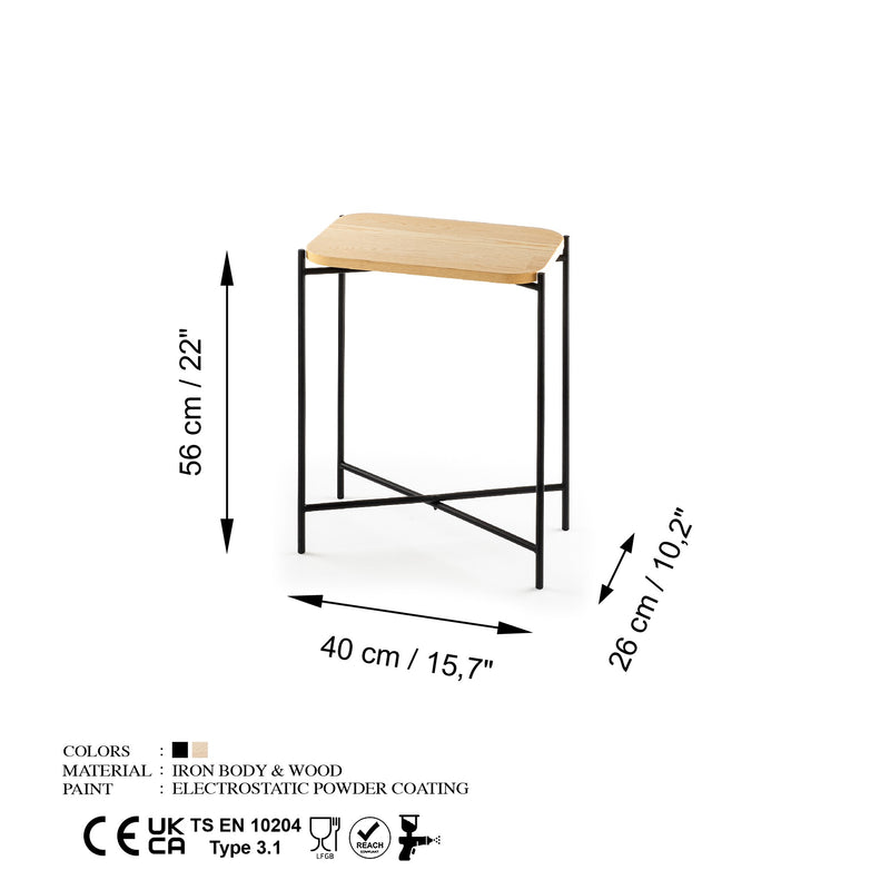 Tavolino moderno da salotto in metallo nero piano in legno cm 40x26x56h