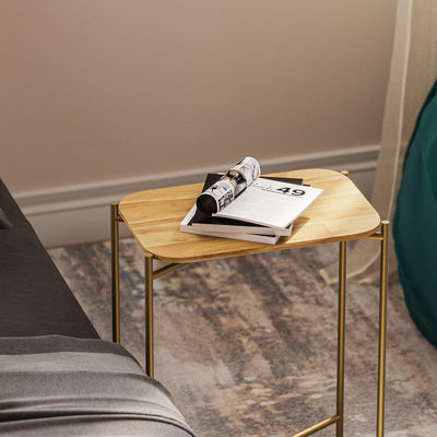 Tavolino da salotto minimal in metallo dorato piano in legno cm 40x26x56h