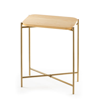 Tavolino da salotto minimal in metallo dorato piano in legno cm 40x26x56h