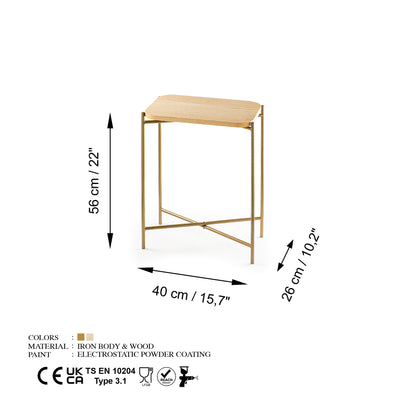 Tavolino da salotto minimal in metallo dorato piano in legno cm 40x26x56h
