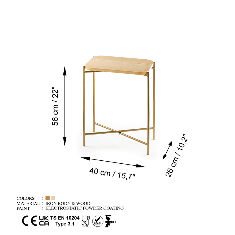 Tavolino da salotto minimal in metallo dorato piano in legno cm 40x26x56h