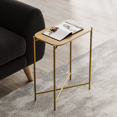 tavolino salotto moderno in metallo dorato piano in legno naturale
