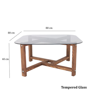 Tavolino da salotto design base in legno massello piano in vetro bronzo cm 80x80x40h