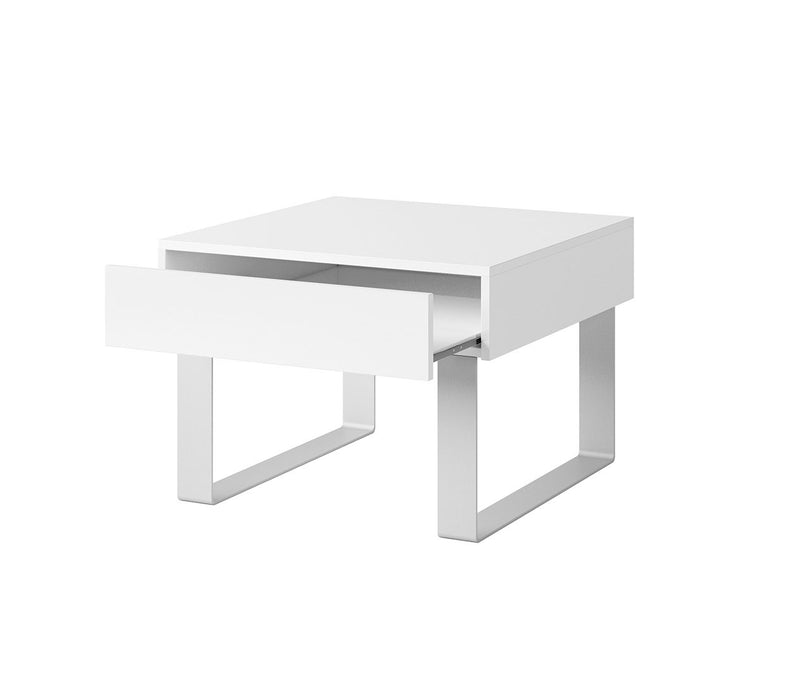 Tavolino da salotto quadrato con cassetto bianco gambe in metallo cm 63x63x45h