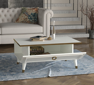 Tavolino da salotto elegante con anta a ribalta bianco e oro cm 90x60x38h