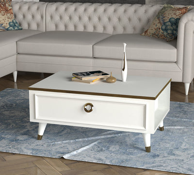 tavolino basso da salotto elegante con anta a ribalta in legno bianco dettagli oro